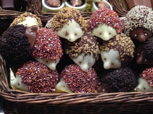 Chocolate hedgehogs piled up in the Boqueria
